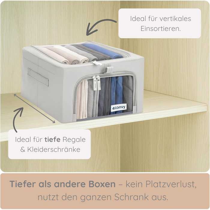 4CONVY Коробка для зберігання одягу з блискавкою та металевим каркасом - 3x24L, сіра, з вікнами (2 шт.) [2024, покращений матеріал]