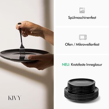 KIVY Dinnerware Set for 6 People [Scratch & Dishwasher Safe] 6x27cm + 6x22cm - Plate Set 12-Piece Modern - Dinnerware Set - Combination Service - Black Dinnerware Set - Black Plate Set - Matte Black Plates
