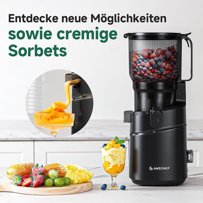 Автоматична повільна соковижималка AMZCHEF з XL-завантажувальним отвором 150 мм, чорна