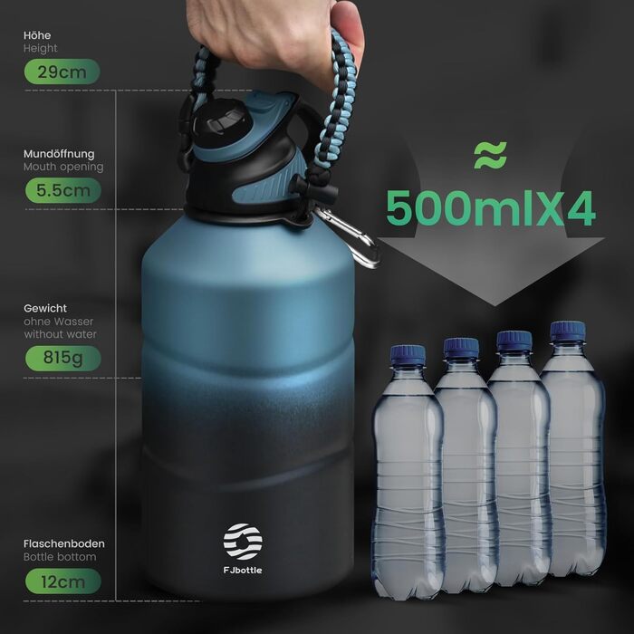 Fjbottle Stainless Steel Water Bottle 1900ML with Magnetic Lid, BPA FREE, Leak-Proof, Double-Walled Thermo Metal Bottle - Suitable for Carbonated Drinks, Sports Water Bottle for University, Fitness, Camping, Outdoor