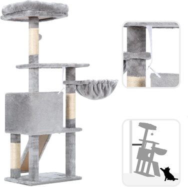 Котячий будиночок Hey-brother Kratzbaum 108 см, багатоярусний котячий комплекс з когтеточками, рампою, гніздечком та іграшками, сірий MPJ007SW