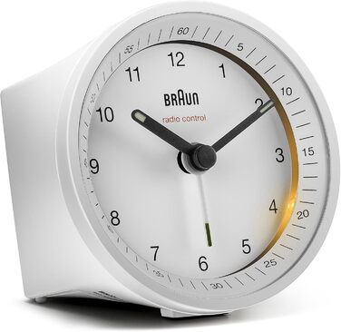 Classic Braun analog radio alarm clock for Central European Time (CET/GMT+1) with snooze function and illumination, quiet movement, crescendo alarm in white, model BC07W-DCF