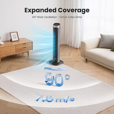Вентилятор Pureborne 91 см з осциляцією, керуванням Wi-Fi та пультом, 4 швидкості та 4 режими, таймер 12 годин, чорний