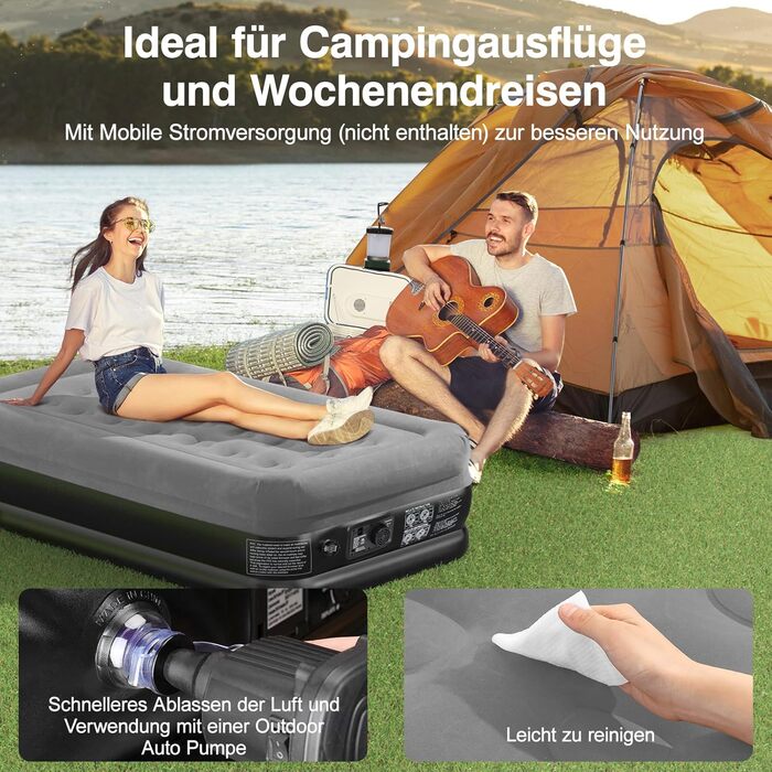 Надувне ліжко Lewondr для 2 осіб з вбудованим насосом, комфортна надувна матрац, самонадувна, для кемпінгу, дому, гостей, подорожей (300 кг MAX), (191x99x46 см, сірий)