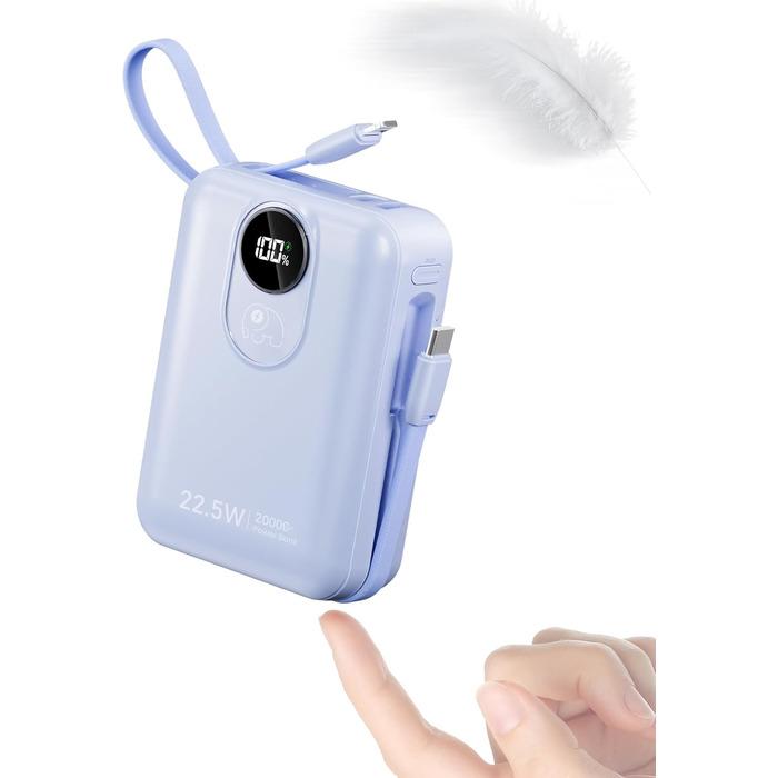 Power Bank 20000 mAh з інтегрованим кабелем: швидка зарядка 22.5W, USB C (вхід/вихід), акумуляторний пак з 4 виходами та 2 входами, білий/блакитний