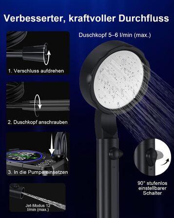 Портативний душ для кемпінгу Spopal 13000 mAh, водонепроникний IPX8, з цифровим дисплеєм та функцією паузи, для подорожей, піших прогулянок, миття авто (Чорний)