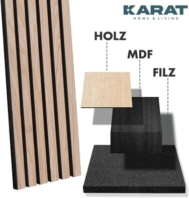 Акустичні настінні панелі KARAT з натурального шпона Білий дуб — декоративна рейкова стіна з дерева та фетру для шумоізоляції та звукопоглинання (275 x 27 см)