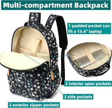 Шкільний рюкзак Leaper з квітковим принтом, сумка-рюкзак, сумочка для книг, дамська сумка 42 л, темно-синій з білим, 2 шт.