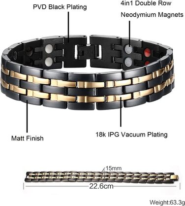JFUME Браслет на руку чоловічий магнітний, 18k позолочений, PVD покриття чорного та синього кольору, з інструментом для зняття ланок, регульований, 8,5 дюймів (широкий чорний & золотий)