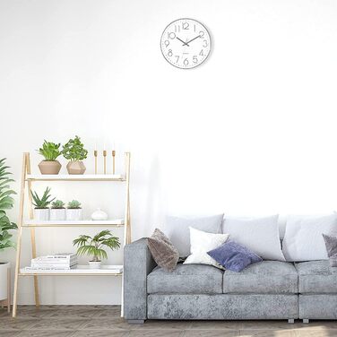 Foxtop Wall Clock Radio-Controlled Wall Clock 30 cm Silent & No Ticking Large Dial Analog Without Ticking For Kitchen, Living Room, Bathroom DCF Radio Signal Modern Design White-Gray (White-Silver)