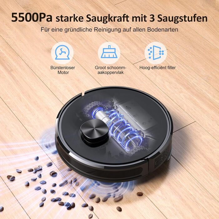 Робот-пилосос Lubluelu з функцією миття, покращена версія, потужність 5500Pa, лазерна навігація, 5 карт, 55 dB, керування через APP, ідеальний для шерсті тварин, килимів та твердих підлог, блакитний