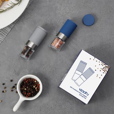 Набір міні-меленців для солі та перцю Vzaahu (2 шт.) з керамічним механізмом, кориця, регульована ступінь помелу, сірий та блакитний, портативні, багаторазові