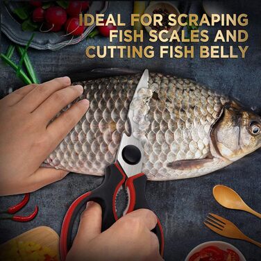 Універсальні кухонні ножиці 21 см з нержавіючої сталі, для риби, птиці, горіхів, з захистом леза, миючі в посудомийній машині, для лівшів, червоні
