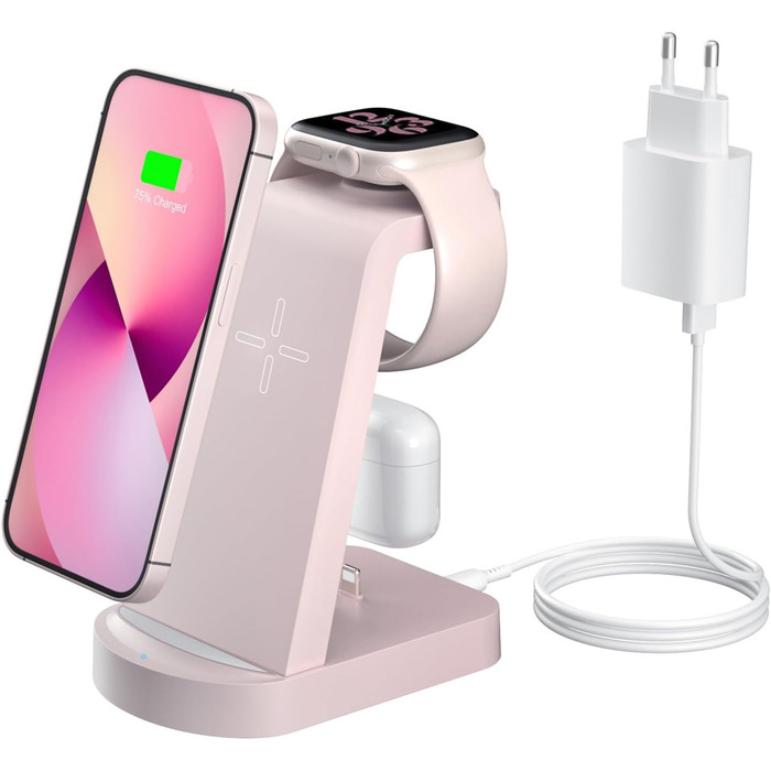 Бездротова зарядка 3 в 1 з адаптером 18W, сумісна з iPhone, Apple Watch, AirPods (Рожева)