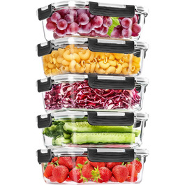 Набір контейнерів для зберігання продуктів зі скла, 10 шт (5 кришок та 5 контейнерів), Skroam - безпечні для миття в посудомийній машині, мікрохвильовій печі та морозильній камері, без BPA