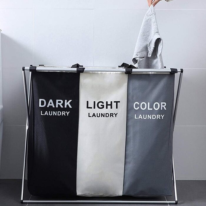 UHAPEER Laundry Basket 3 Compartments Large Foldable Dirty Clothes Basket Waterproof Laundry Collector Space Clothes Classification Light/Dark/Dyed (68 * 38 * 60cm, 3 Compartments)