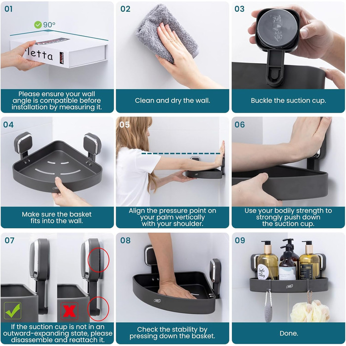 Поличка для душу TAILI без свердління, регульована, набір 2 шт., аксесуари для душу з гачками, нержавіюча сталь, чорний, органайзер для кухні, ванної кімнати, сріблястий