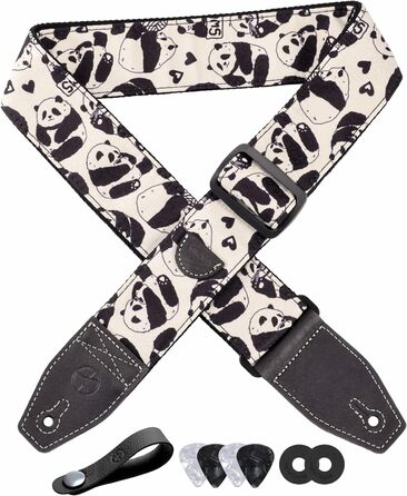 Гітарний ремінь 5,1 см з бавовняним друком, квітковий принт, з повним шкіряним кінцем, для бас-гітари, електро- та акустичної гітари, безкоштовний кріплення для ременя, фіксатори для ременя та медіатори. Жовті ромашки (Панда)