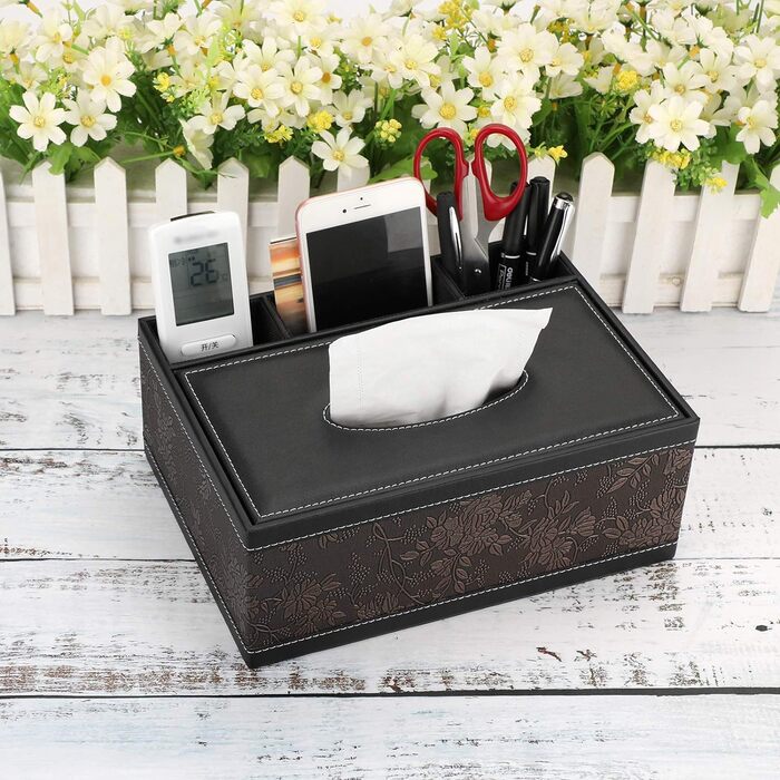 BSTKEY Rectangular Tissue Box Holder made of PU Leather with Remote Control, Storage Box (Black Flower)