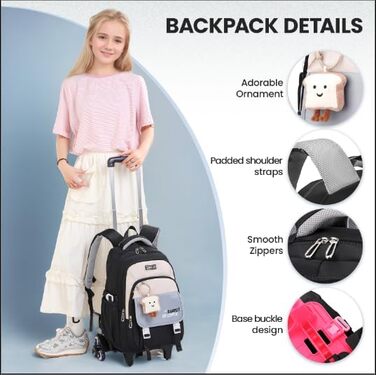 Шкільний рюкзак-тележка для дівчаток-підлітків, рюкзак для школи на колесах, знімний тролей, шкільний ранець для початкової та середньої школи, сумка для подорожей з 6 колесами, 36L - Зелений (Чорний)