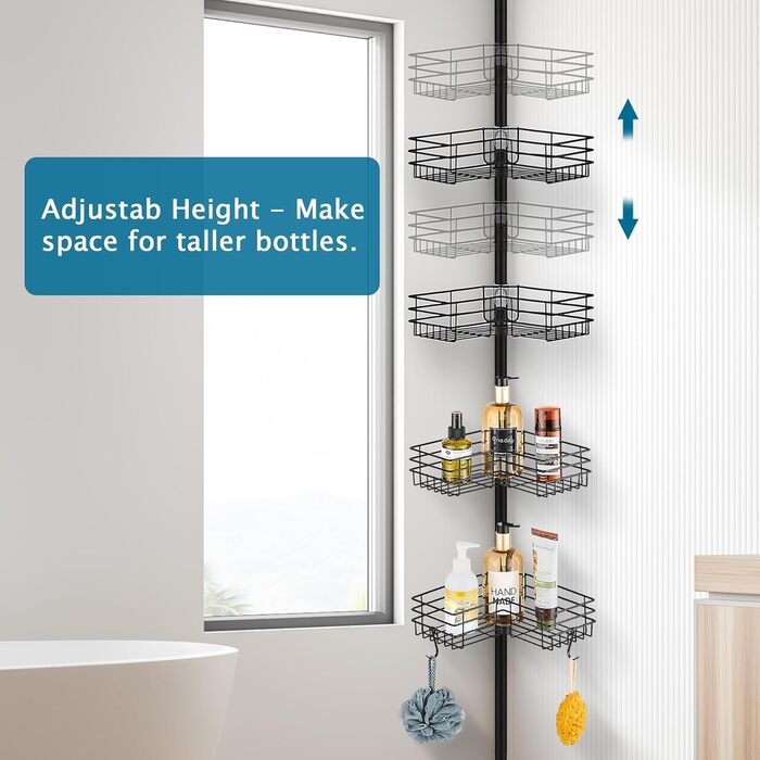 FIISAYL Shower Shelf No Drilling Telescopic Shower Shelf Metal Corner Shelf Bathroom Shelf with 4 Shower Baskets, Height Adjustable 85-325cm, Suitable for Bathtub Bathroom and Kitchen, Black