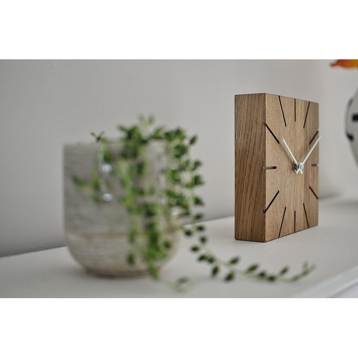 Oak Wall Clock, Table Clock, Desk Clock - Beam - Solid Wood Design 17 x 17 cm (Smoked Oak, Black Hands, Radio Clock Movement)