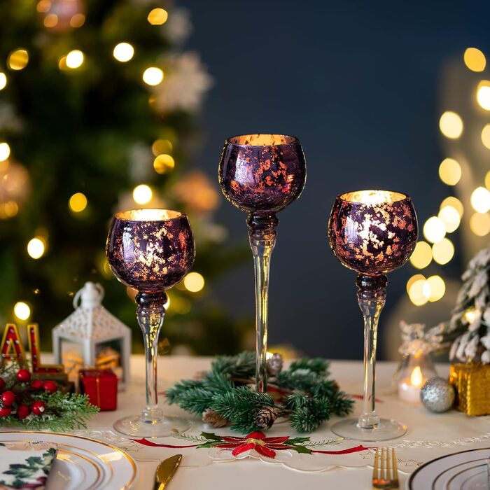 Glass Tealight Holder Set - 3 Pieces Mercury Glass Candle Holders for Table Decoration. Tealight Glasses for Pillar and Floating Candles, Christmas, Living Room Decor (Purple)