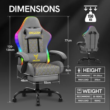 Ігрове крісло Racingreat RGB LED з підсвіткою, підніжкою та Bluetooth, сіро-чорне