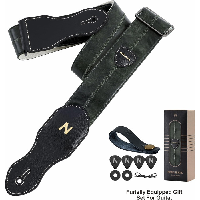Гітарний ремінь Nefelibata з кишенею для медіатора, 2.3-дюймовий веганський шкіряний ремінь для гітари в стилі Porter, вінтажний стиль 30-х років, з медіаторами, кнопками та замками. Регульована довжина від 42 до 66 дюймів (зелений)