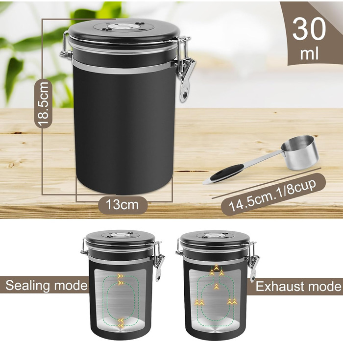 Герметичний контейнер для кави з нержавіючої сталі, 1,8L, з випускним клапаном, для кавових зерен, горіхів, какао (BK)