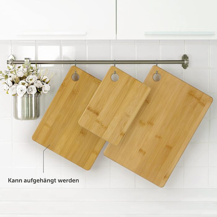 Blumtal Bamboo Cutting Board Carlota 3-Piece Set - Chopping board with a hole for hanging, kitchen helper made of 100% bamboo with silicone feet.
