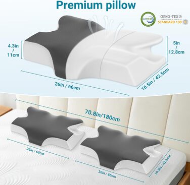 Ортопедична подушка Elviros з Memory Foam, ергономічна подушка для шиї, для тих, хто спить на боці, спині та животі, знімний чохол, Space Grey, 64×(11,5/13)×40 см
