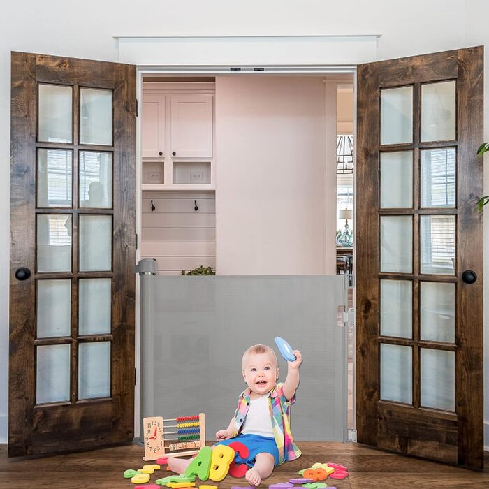 Захист для воріт NAIZY: ролетний захист від сходів, сітка для дітей та собак, висувна бар'єра для дому та вулиці (150см, сірий)