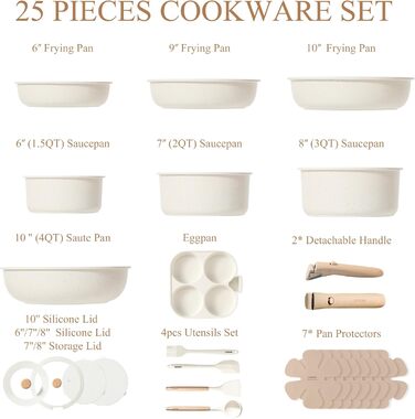 Набір посуду Carote 25 предметів з антипригарним покриттям: каструлі, сковороди, кухонний набір. Підходить для духовки, посудомийної машини та холодильника. Компактний, біло-кремовий.