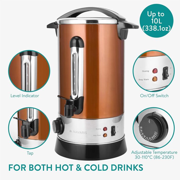 Navaris Mulled Wine Warmer/Hot Water Dispenser - Stainless Steel - with Thermostat, Fill Level Indicator, and Tap - Mulled Wine and Hot Beverage Dispenser (10 l, Copper)