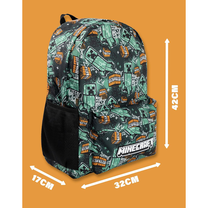 Рюкзак Minecraft для хлопчиків: ігровий рюкзак з принтами Creeper, Zombie, Skelett, Enderman та Павук з печери | Для школи, подорожей, геймінгу та щоденних виходів (Aop Creeper)