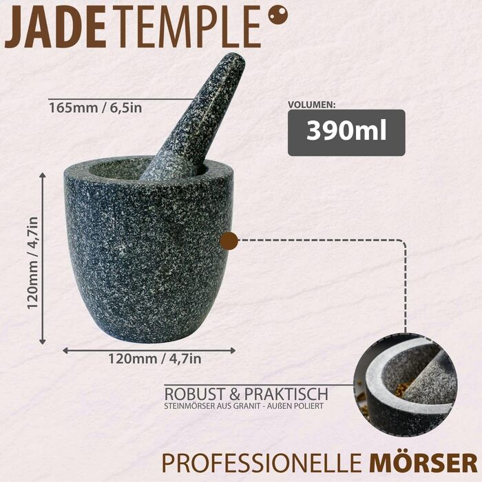 Ступка з пестиком JADE TEMPLE з натурального граніту, 12х12 см, для подрібнення спецій та трав