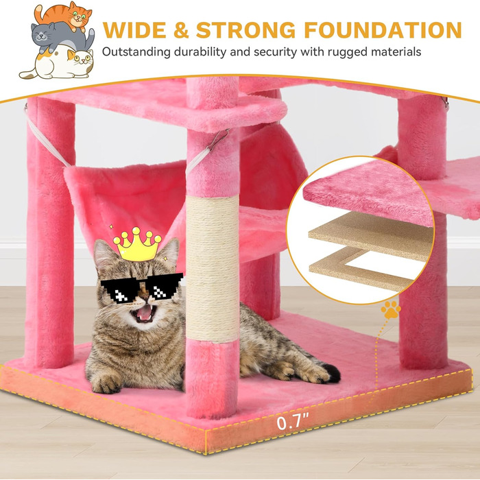 Кігтеточка YITAHOME XXL, 190 см, з 8 стовпів з сизалю, 3 платформи, 2 печери, кошик, гамак, іграшки, для котів, рожева