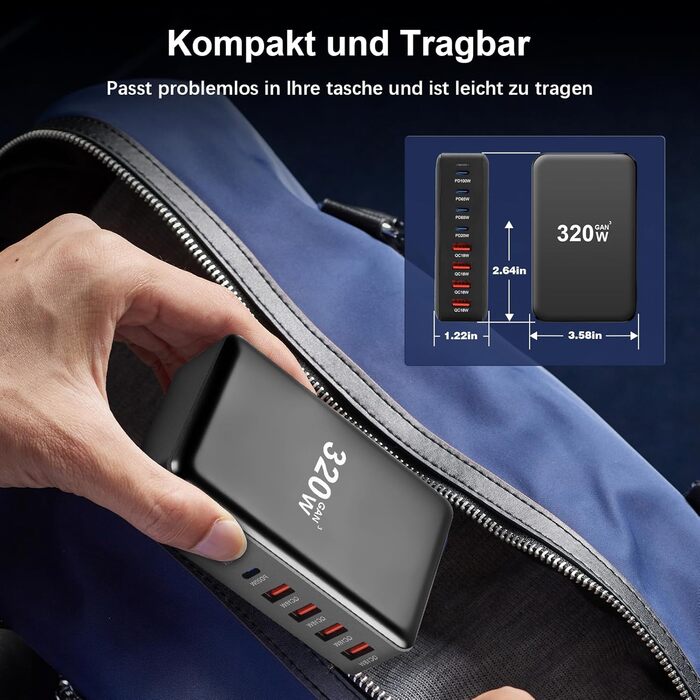 Зарядний пристрій USB C 320W, 8 портів: швидка зарядка USB-A та USB-C, PD PPS 100W для MacBook, iPad, Samsung