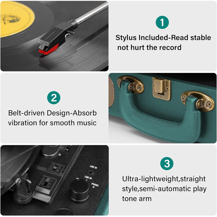 Програвач вінілу HiFi Bluetooth USB з колонками Dual: компактна стереосистема з регульованим противагом та магнітним картриджем, RCA вихід (Синій)