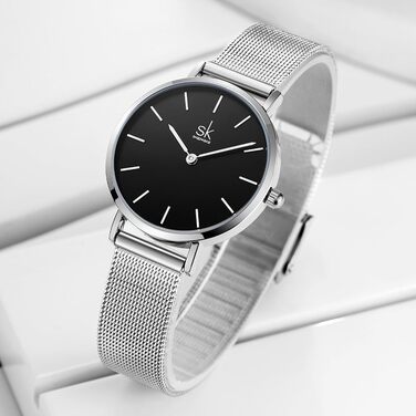 SK Ультратонкі мініатюрні жіночі годинники з двома стрілками. Елегантні годинники для жінок з шкіряним ремінцем (срібляста сітка)