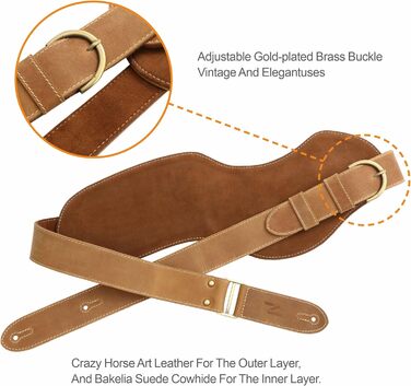 Гітарний ремінь Nefelibata з повномісної шкіри, 2' з кишенею для медіатора, для бас-, електро- та акустичної гітари, з медіаторами, кнопками та замками (Star Black) (Vintage Latte Brown)