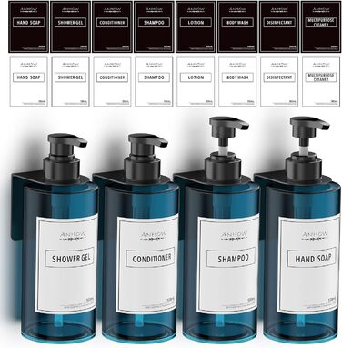 Набір дозаторів для мила на стіну 4er, блакитний (500 мл) - без свердління, з наліпками для душу/кухні/ванної кімнати