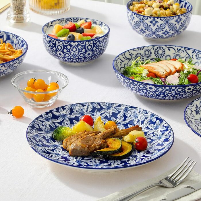 Набір мюслі-тарілок Vancasso Selene (6 шт.) 720 мл – керамічні тарілки з вінтажним дизайном, блакитно-білі, для мюслі, салату, супу, рамену, фруктів та десертів