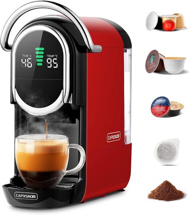 Кавомашина капсульна Magician1 Mini 5в1 для Nespresso, Dolce Gusto, Lavazza A Modo Mio, ESE 44, кавової гущі | 20 bar, 1450 W, LED-дисплей, 7 рівнів води | для дому та офісу, червона
