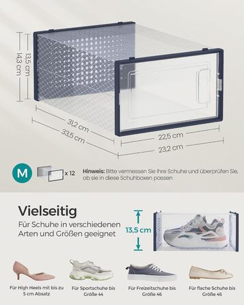 SONGMICS Shoe Boxes, 12-Piece Set, Plastic Shoe Organizer, Foldable and Stackable, for Shoes up to Size 44, Transparent-White LSP12SWT (12-Piece Set for Shoes up to Size 44, Transparent + Anthracite Blue)