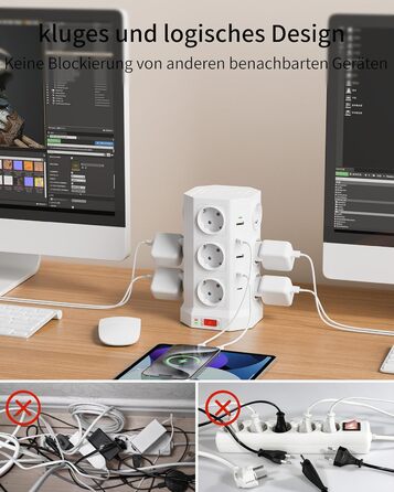 Блок розеток із захистом від перенапруги (3680W/16A), 12 розеток з 5 USB, мережевий фільтр з вимикачем, 1,5м кабель, захист 1050J, для дому/офісу, білий