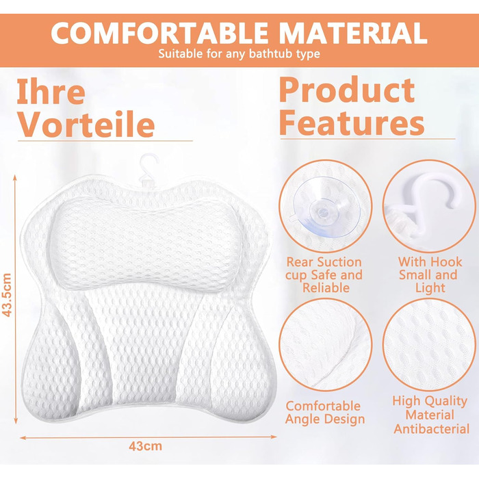 Подушка для ванни з підтримкою шиї та спини, 4D Air Mesh, 6 присосок, 43.5x43см (біла)