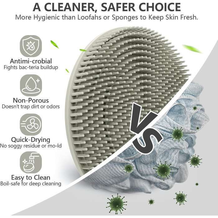 Силіконова щітка для тіла, скрабер для душу, щітка для тіла, скрабер для пелінгу, м'які щетинки, для жінок, чоловіків, дітей, чутливої шкіри, 1 шт. (Чорний+сірий)