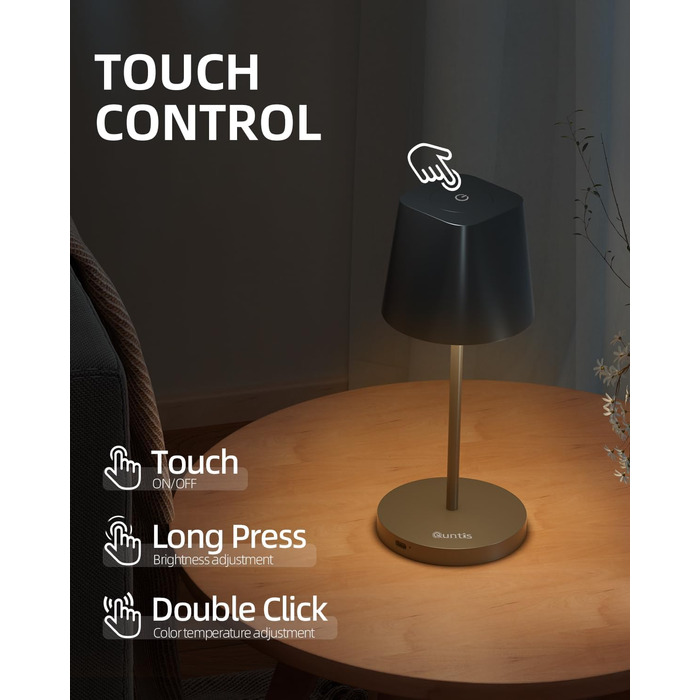 LED-лампа Quntis настільна бездротова, торкання, регулювання яскравості, акумулятор, USB зарядка, 3000K-5000K, IP44, вологостійка, для дому та саду, чорна